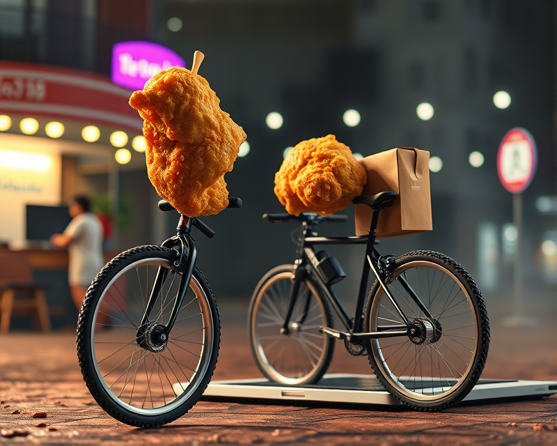 laptop, unicycle, fried chicken